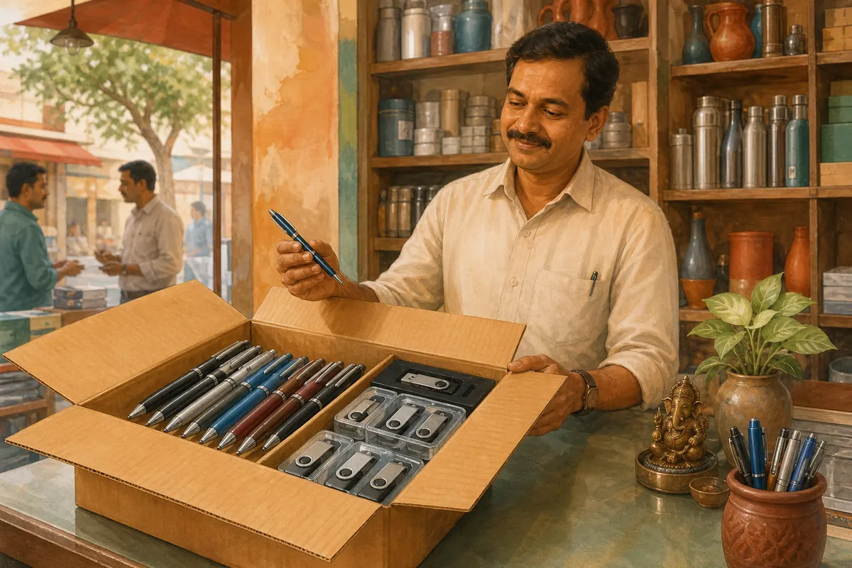 मालाच्या विक्रीवाढीसाठी (सेल्स प्रमोशन) बॉलपेन, पेन ड्राईव्ह इत्यादी वस्तूंचे वाटप केल्यास त्याची खर्च म्हणून वजावट मिळेल या विषयाचे प्रातिनिधिक चित्र